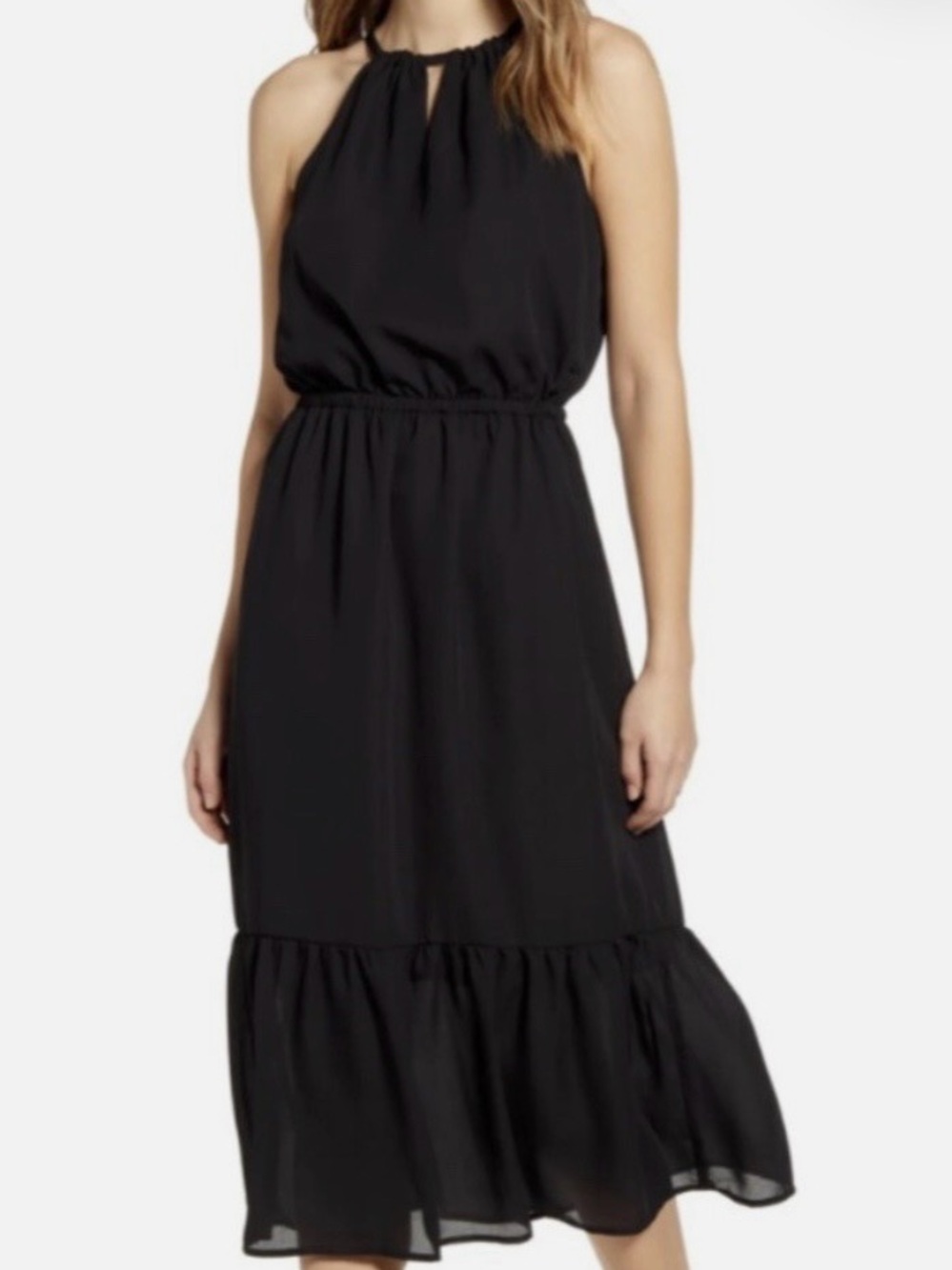 Gibson Black Halter Midi Dress with Ruffle Hem
